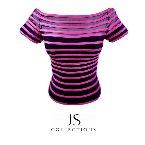 💗 Black Mesh/Pink Satin Striped Top • JS Collections - Picture 3 of 16